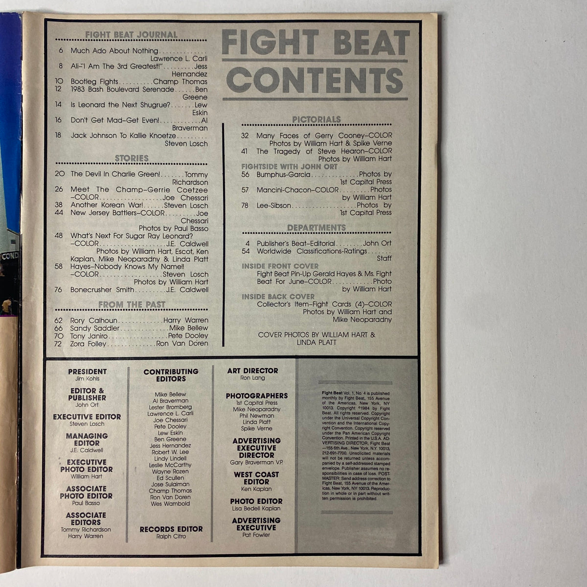 Interior page of Fight Beat Magazine from June 1984 displaying the table of contents, listing features like 'Fight Beat Journal,' 'Stories & Profiles,' and color pictorials, showcasing its in-depth coverage of professional boxing.