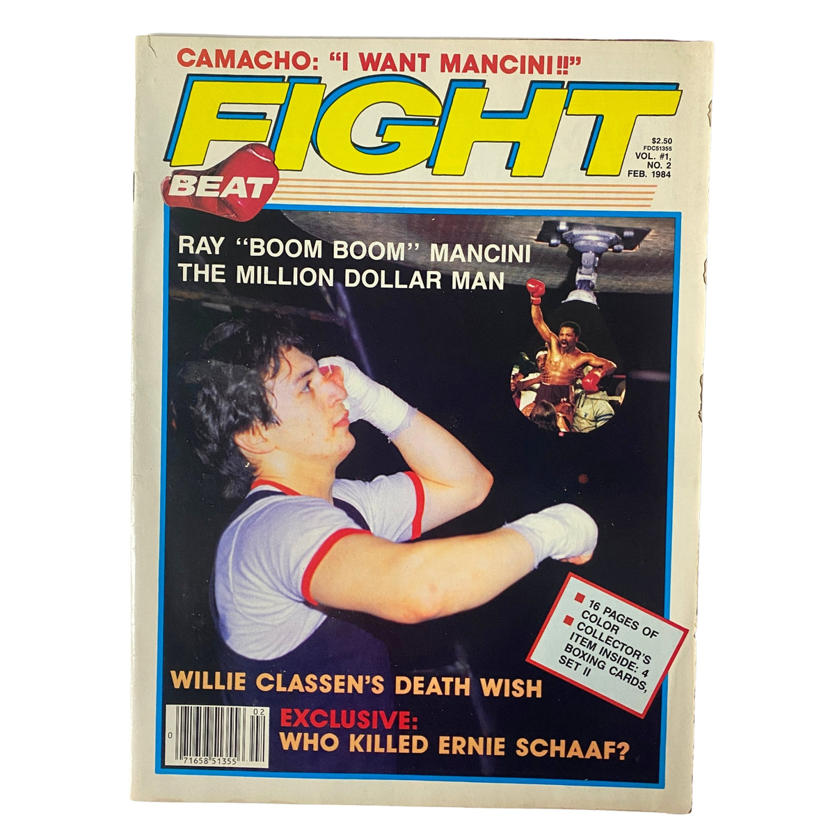 Cover of Fight Beat Magazine February 1984 featuring Ray 'Boom Boom' Mancini, highlighting boxing features, including articles on Camacho and Willie Classen's death wish.