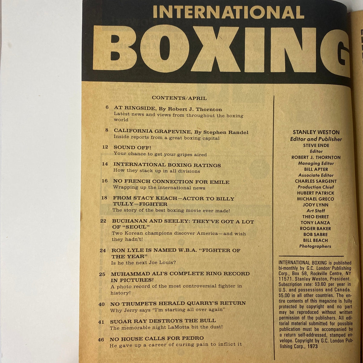 Table of contents from International Boxing Magazine April 1973, detailing features including Muhammad Ali's ring record and other boxing stories.