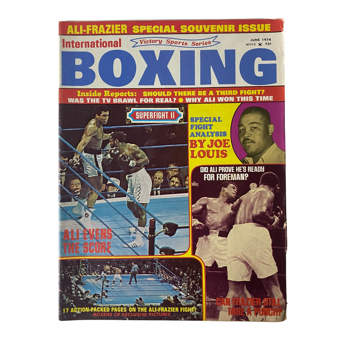 Cover of International Boxing Magazine, June 1974 featuring Joe Louis and Muhammad Ali, highlighting the Ali-Frazier fight and analysis by Joe Louis.