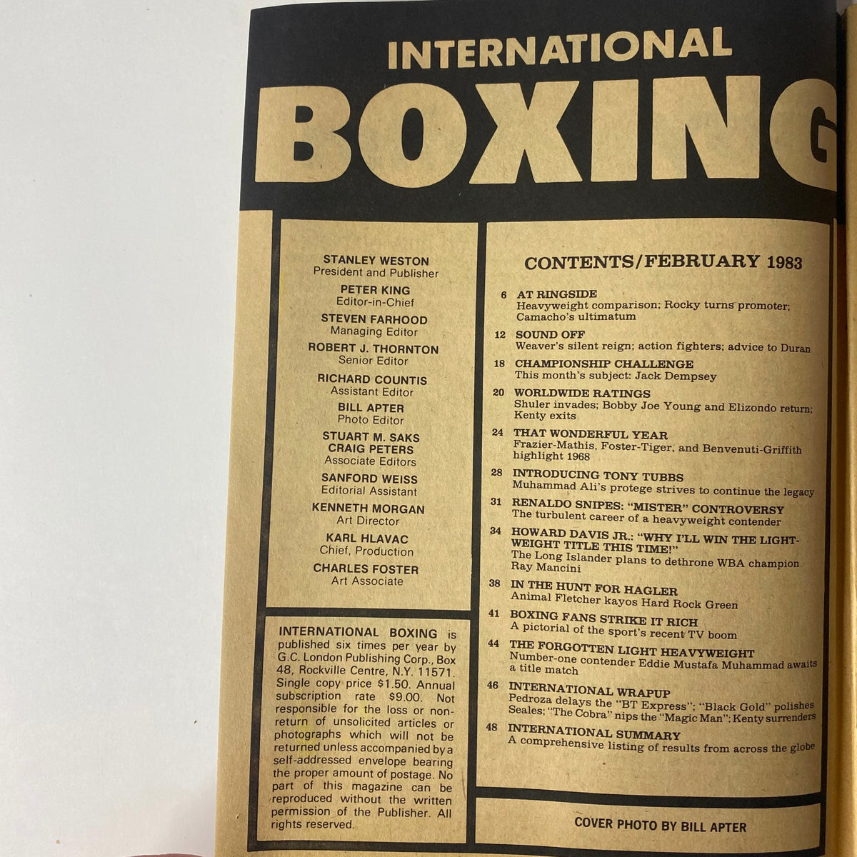 Contents page of International Boxing Magazine, February 1983 listing articles including 'At Ringside', 'Sound Off', and features on Howard Davis Jr., Tony Tubbs, and Renaldo Snipes.
