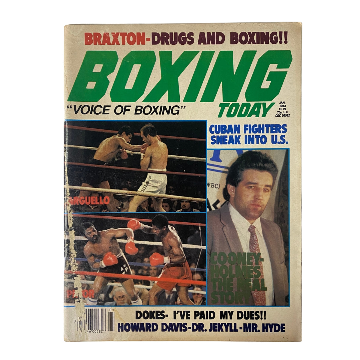 Cover of Boxing Today Magazine from January 1983 featuring Larry Holmes vs. Gerry Cooney, highlighting boxing articles, notable fighters including Mike Dokes and Howard Davis, and topics like 'Drugs and Boxing' and 'Cuban Fighters Sneak into U.S.'