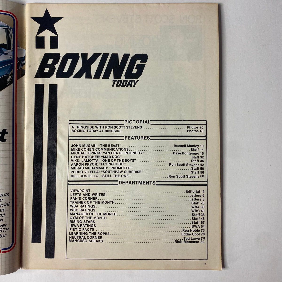 Inside page of Boxing Today Magazine November 1984 listing featured articles including John Mugabi and Michael Spinks, showing the magazine's diverse boxing content.