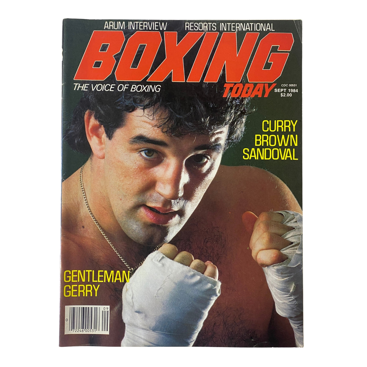 Boxing Today Magazine September 1984 featuring Gerry Cooney on the cover, showcasing his boxing stance. The magazine is labeled as 'The Voice of Boxing' with a focus on boxing highlights from the era.