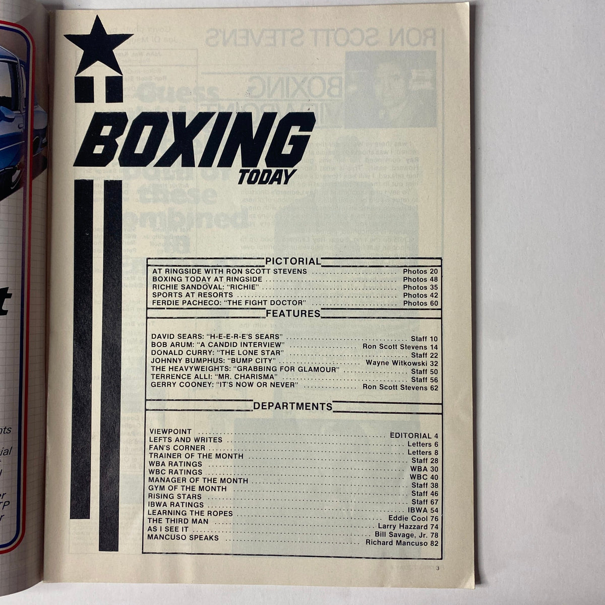 Contents page of Boxing Today Magazine September 1984, listing features such as interviews and articles including Gerry Cooney's 'It's Now or Never' and other key boxing reports.