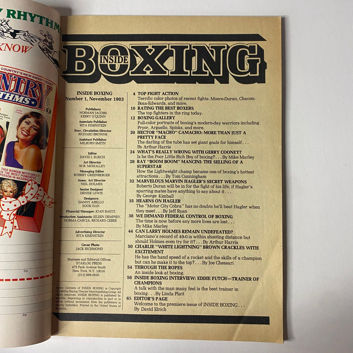 Inside Boxing Magazine, November 1983, No. 1, interior page listing featured articles including 'Top Fight Action' and 'What’s Really Wrong with Gerry Cooney?'
