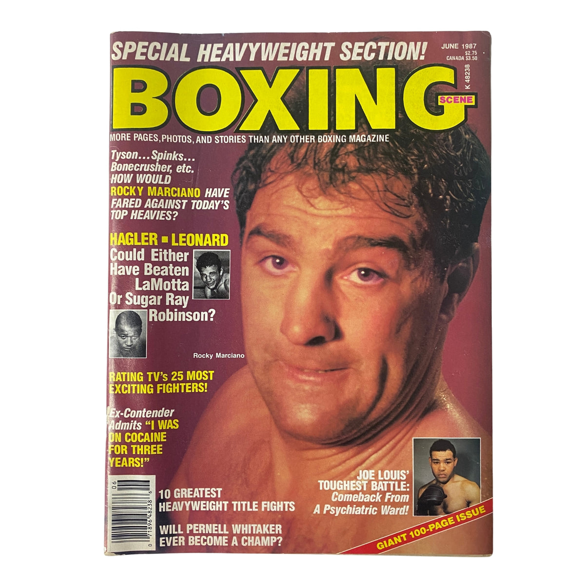 Cover of Boxing Scene Magazine from June 1987 featuring Rocky Marciano, highlighting a special heavyweight section, with articles on boxing legends and rising stars, and described as in good condition with no mailing label.