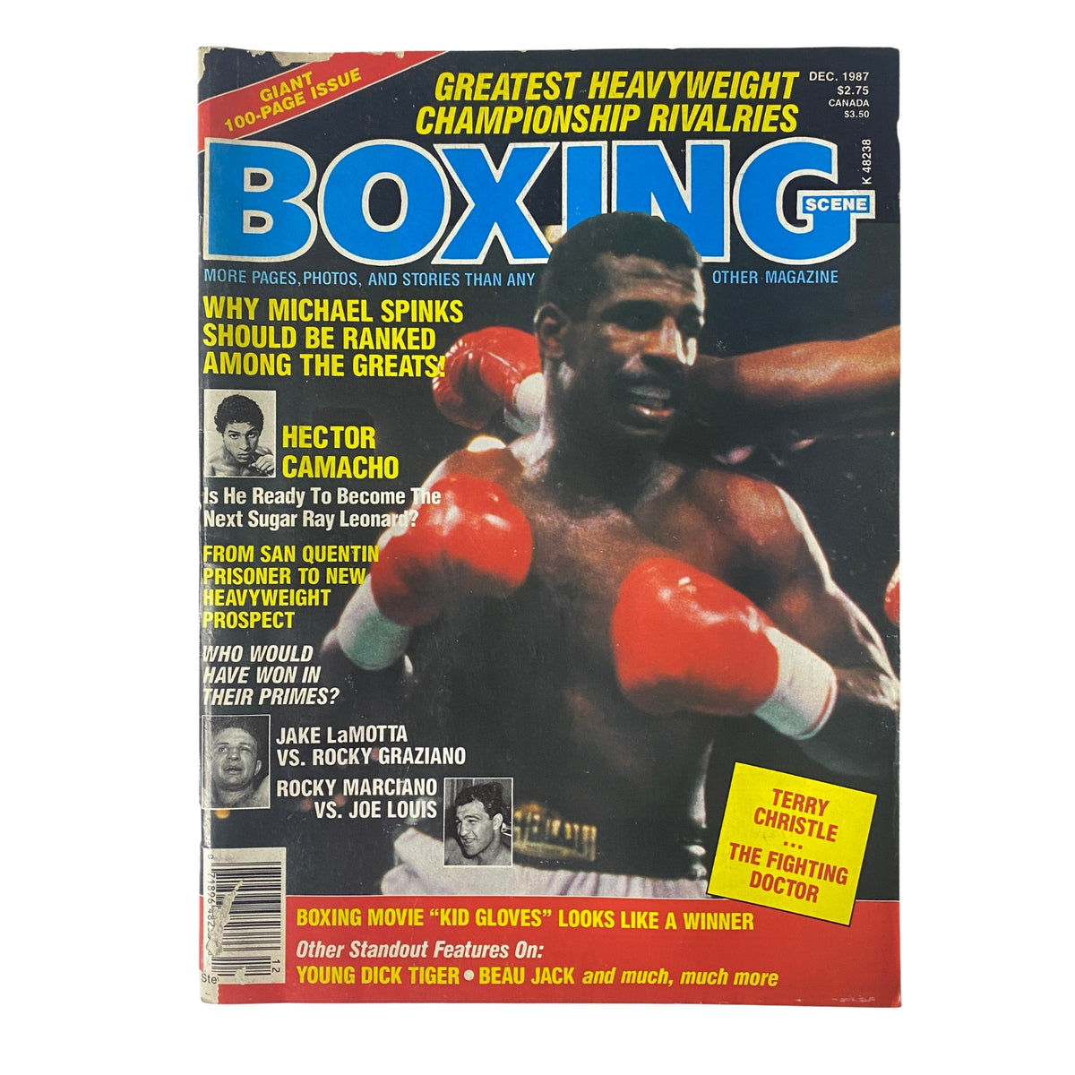 Boxing Scene Magazine December 1987 cover featuring Michael Spinks, highlighting articles on boxing legends and rising stars, with the title emphasizing heavyweight championship rivalries.