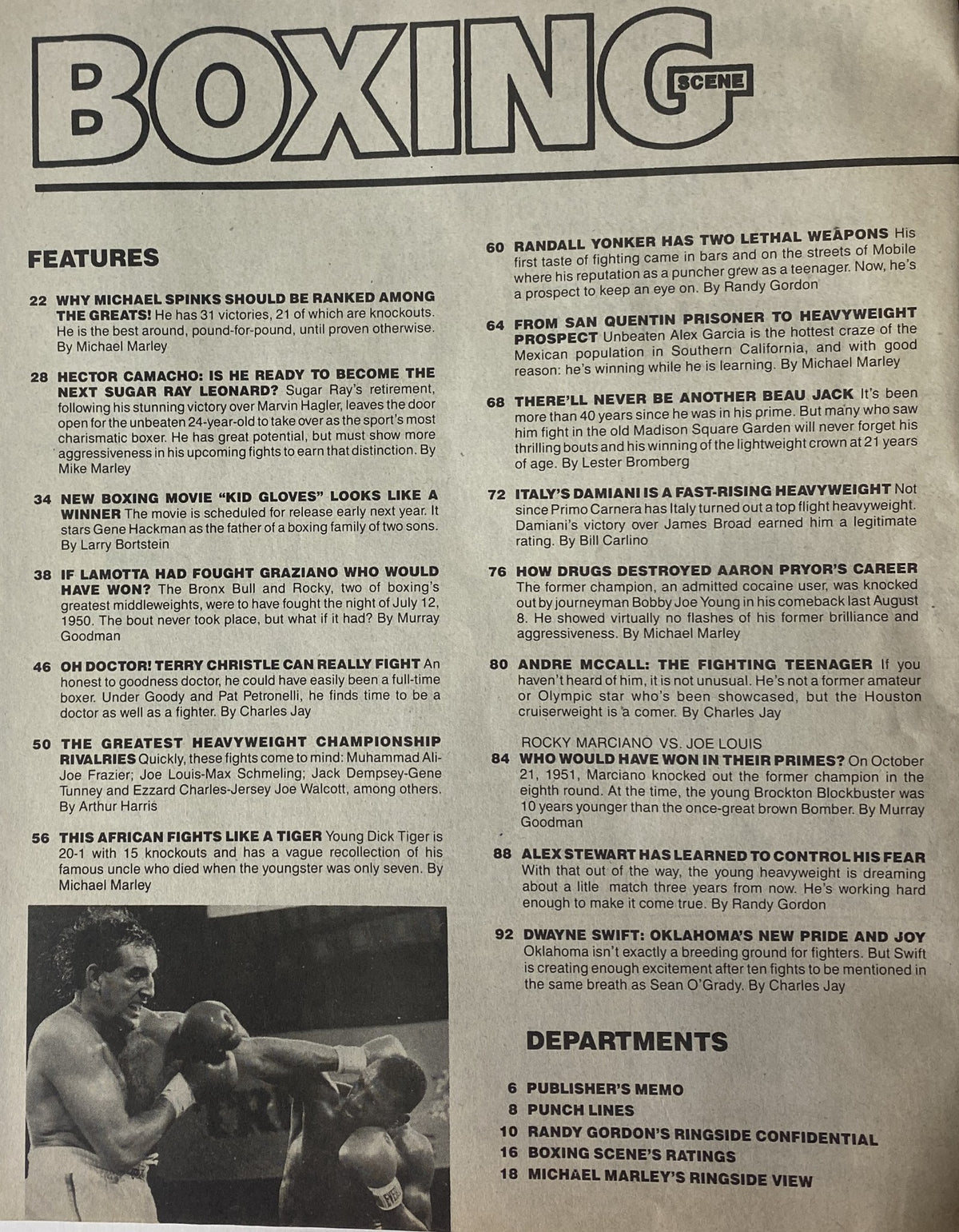 Inside page of Boxing Scene Magazine December 1987 showcasing feature articles including Michael Spinks and Hector Camacho, along with boxing history and current prospects.