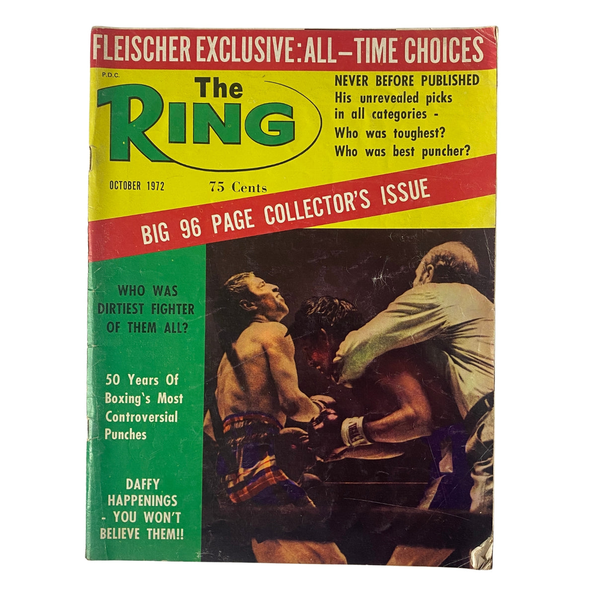 Cover of The Ring Magazine from October 1972 featuring a tribute to Nat Fleischer and Muhammad Ali, highlighting boxing's most controversial punches and key fight reports - a must-have for collectors.