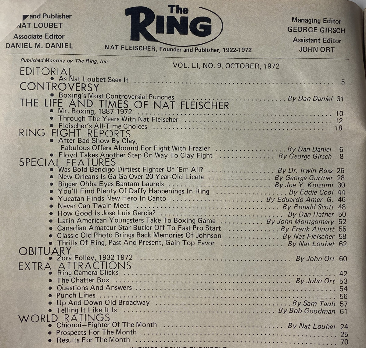 Contents page of The Ring Magazine, October 1972, detailing articles on Nat Fleischer's legacy, controversial boxing moments, and fight reports, showcasing the publication's historical significance.