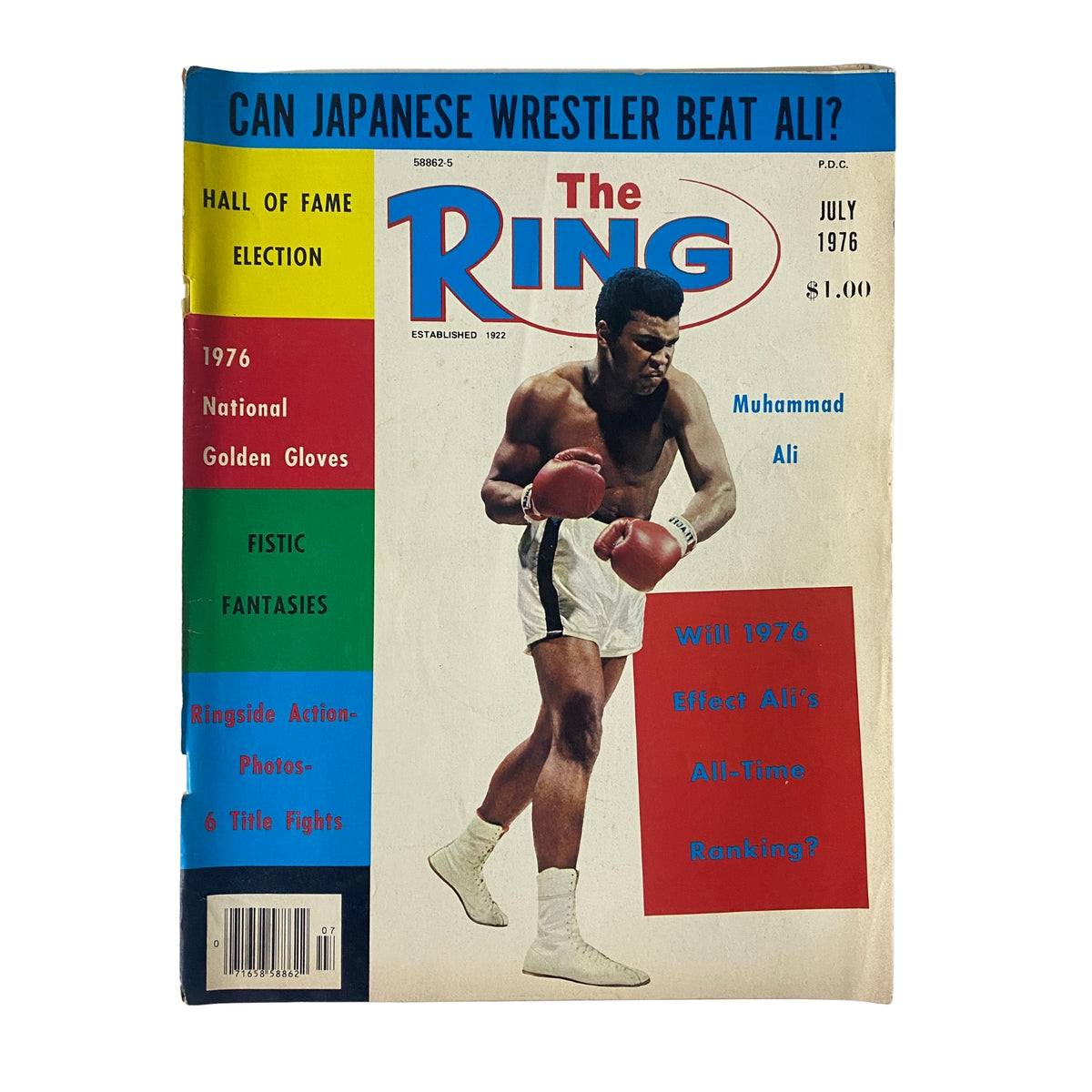 The Ring Magazine July 1976 featuring Muhammad Ali on the cover, showcasing boxing themes and fight reports, in good condition without a mailing label.