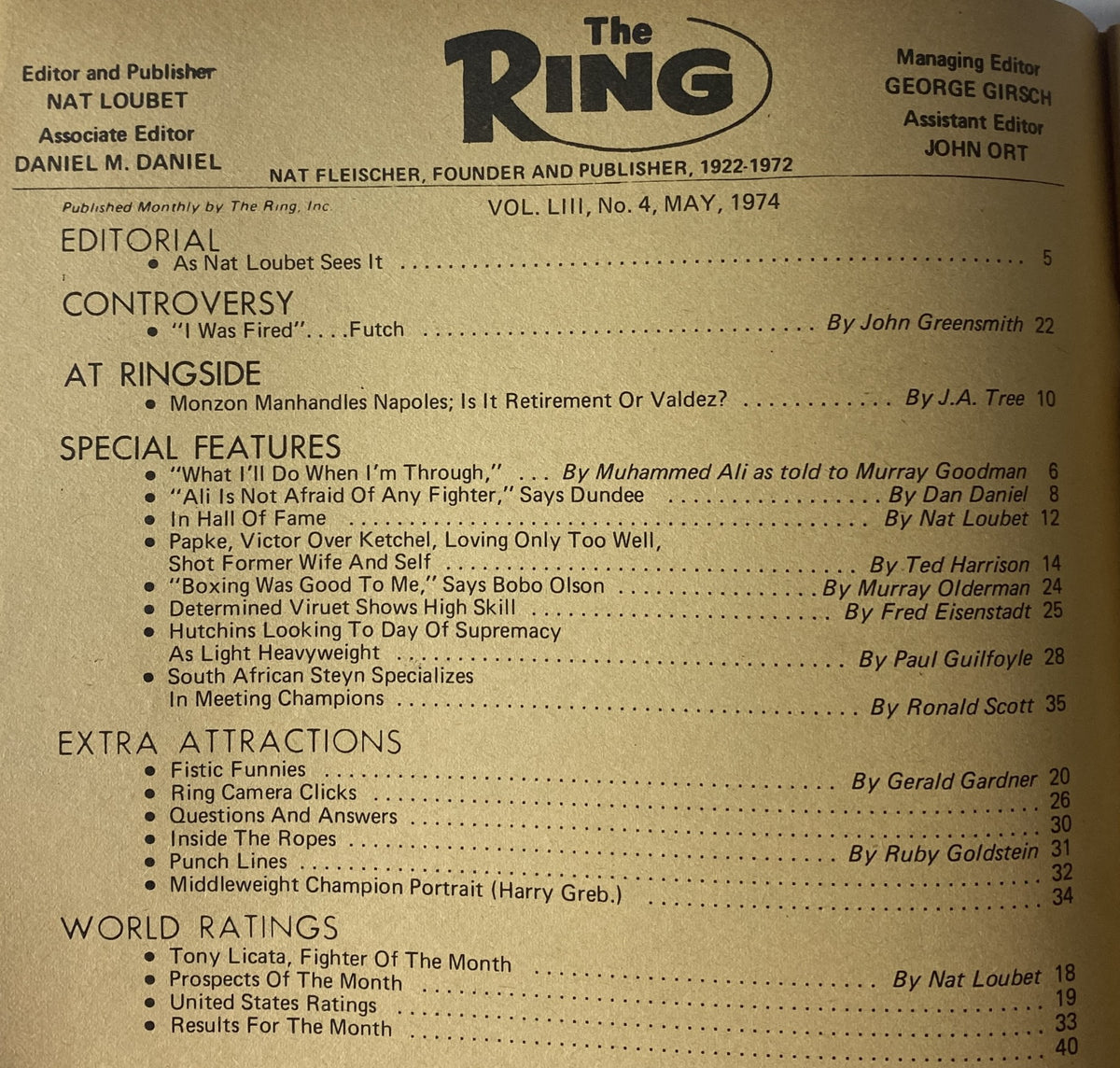 Interior page of The Ring Magazine May 1974, highlighting the editorial and special features sections, including contributions about Muhammad Ali and boxing commentary.
