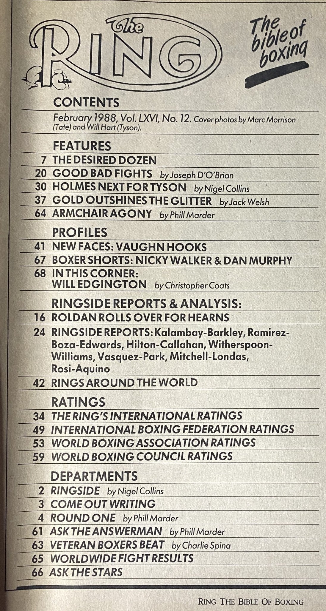 The Ring Magazine February 1988 contents page featuring articles on boxing legends such as Frank Tate, Mike Tyson, Larry Holmes, and Tommy Hearns, including features, profiles, and fight analysis.