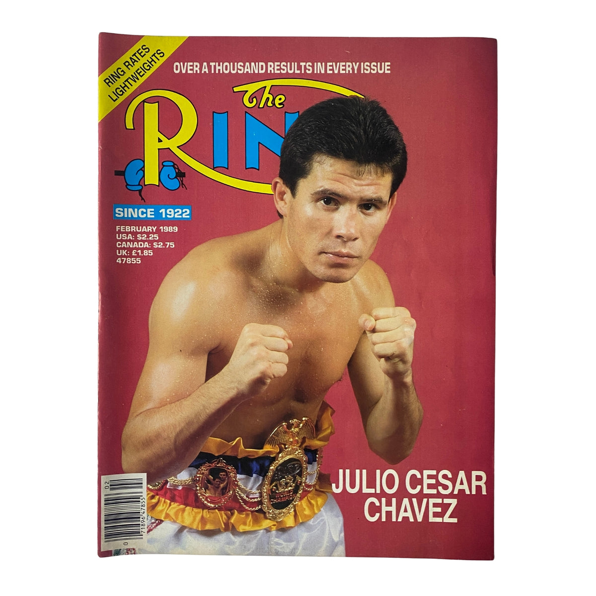 The Ring Magazine February 1989 issue featuring Julio Cesar Chavez on the cover, showcasing boxing prominence with a vibrant red background and Chavez in a boxing stance.