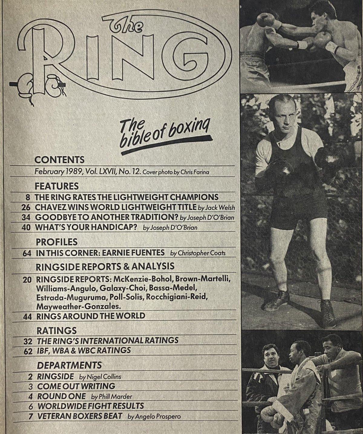 Contents page of The Ring Magazine February 1989 displaying features and articles, including champion rankings and reports on notable boxing matches.