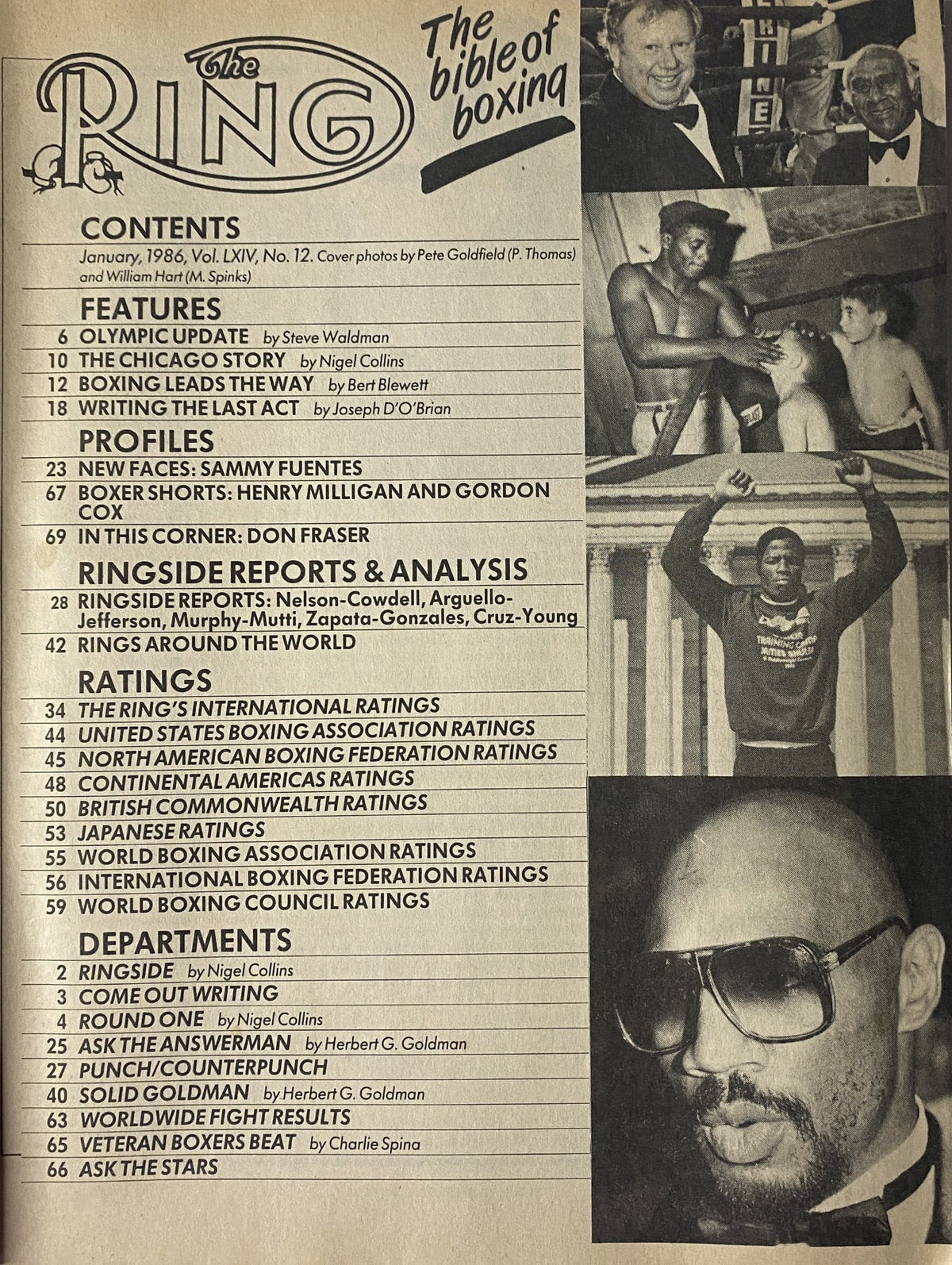 Contents page of The Ring Magazine January 1986, listing features, profiles, and ratings, showcasing in-depth coverage of boxing and notable fighters.