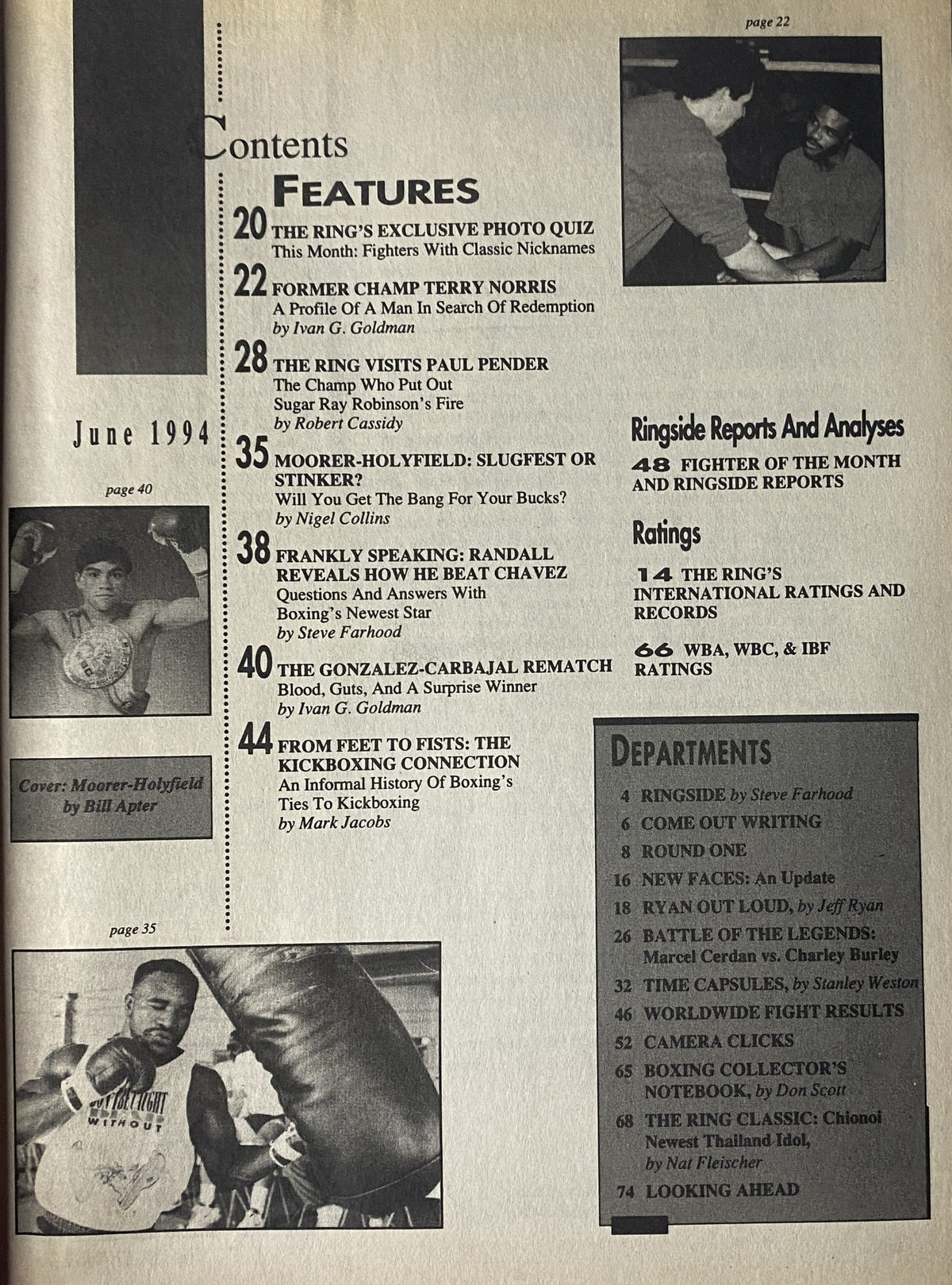 The contents page of The Ring Magazine, June 1994. Details include featured articles on the Moorer-Holyfield fight, Frankie Randall, and a rematch between Gonzalez and Carbajal, along with ratings and reports.