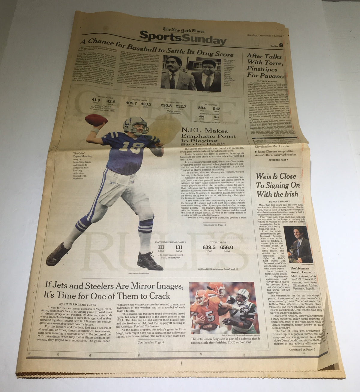 December 12, 2004 edition of The New York Times showcasing the headline 'NFL Makes Emphatic Point In Playing By the Book' with a focus on NFL coverage.