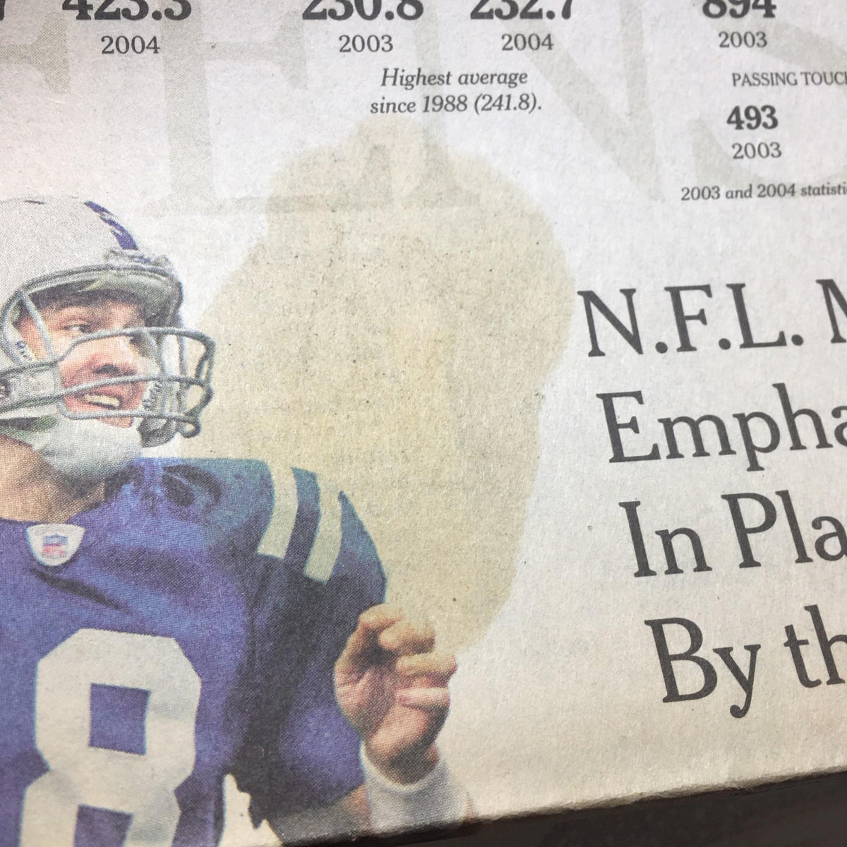 Close-up of the headline 'NFL Makes Emphatic Point In Playing By the Book' from The New York Times dated December 12, 2004, highlighting the significant NFL player image.