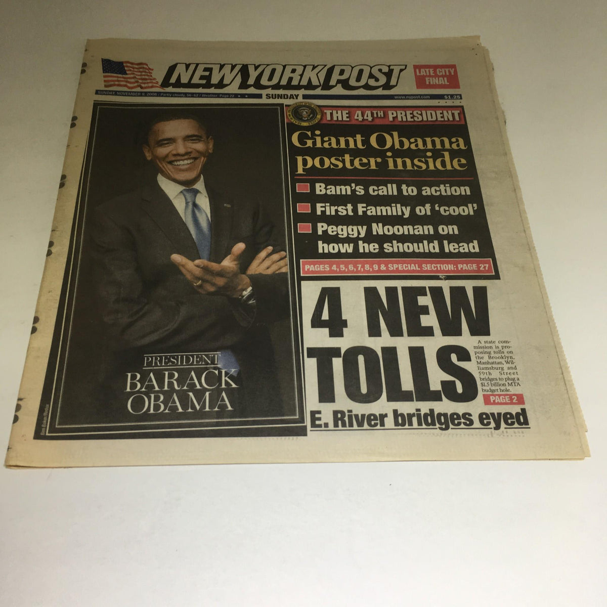 New York Post front page from November 9, 2008 featuring the headline about the 44th President Barack Obama, showcasing a prominent image of Obama with text referring to his presidency.