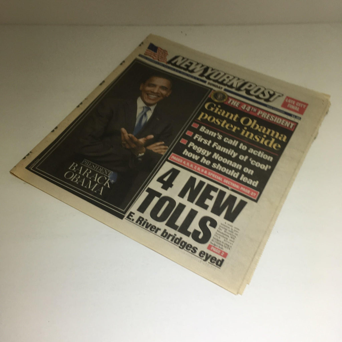 The front page of the New York Post from November 9, 2008, highlighting the election of the 44th President Barack Obama with a call to action, emphasizing significant national news.