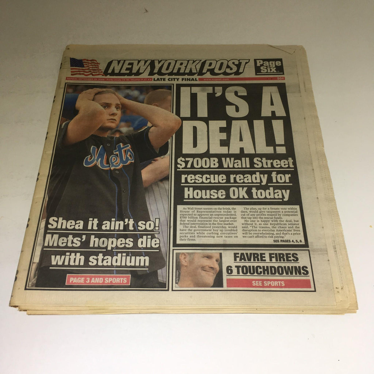 Front page of the NY Post, September 29, 2008, featuring the headline 'Shea it Ain't So! Mets' hopes die with stadium' alongside news about a $700B Wall Street rescue and Favre's touchdowns.