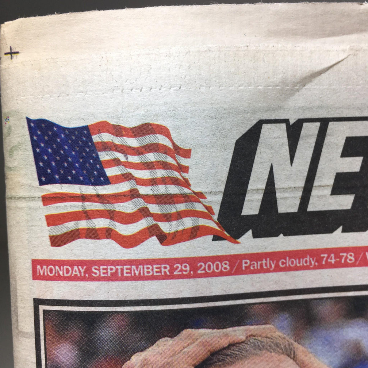 New York Post headline featuring an American flag, dated September 29, 2008, referencing 'Shea it Ain't So! Mets Hopes Die w/ Stadium'.