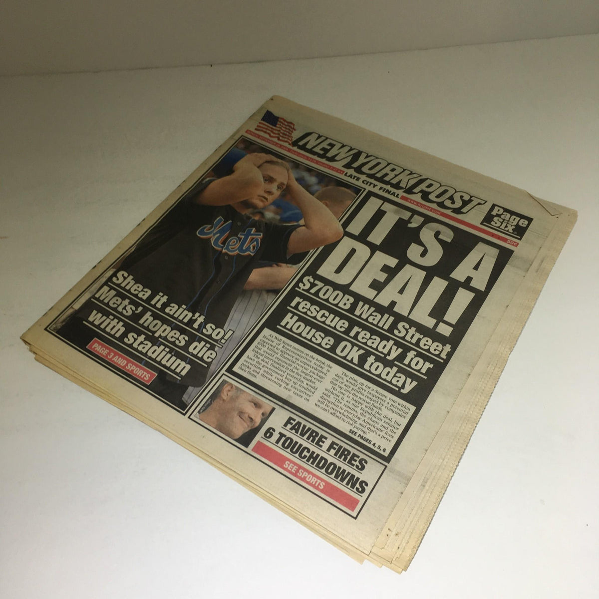 New York Post cover dated September 29, 2008, with the headline 'It's a Deal!', discussing the Mets and featuring a distressed player in context of 'Shea it Ain't So! Mets Hopes Die w/ Stadium'.