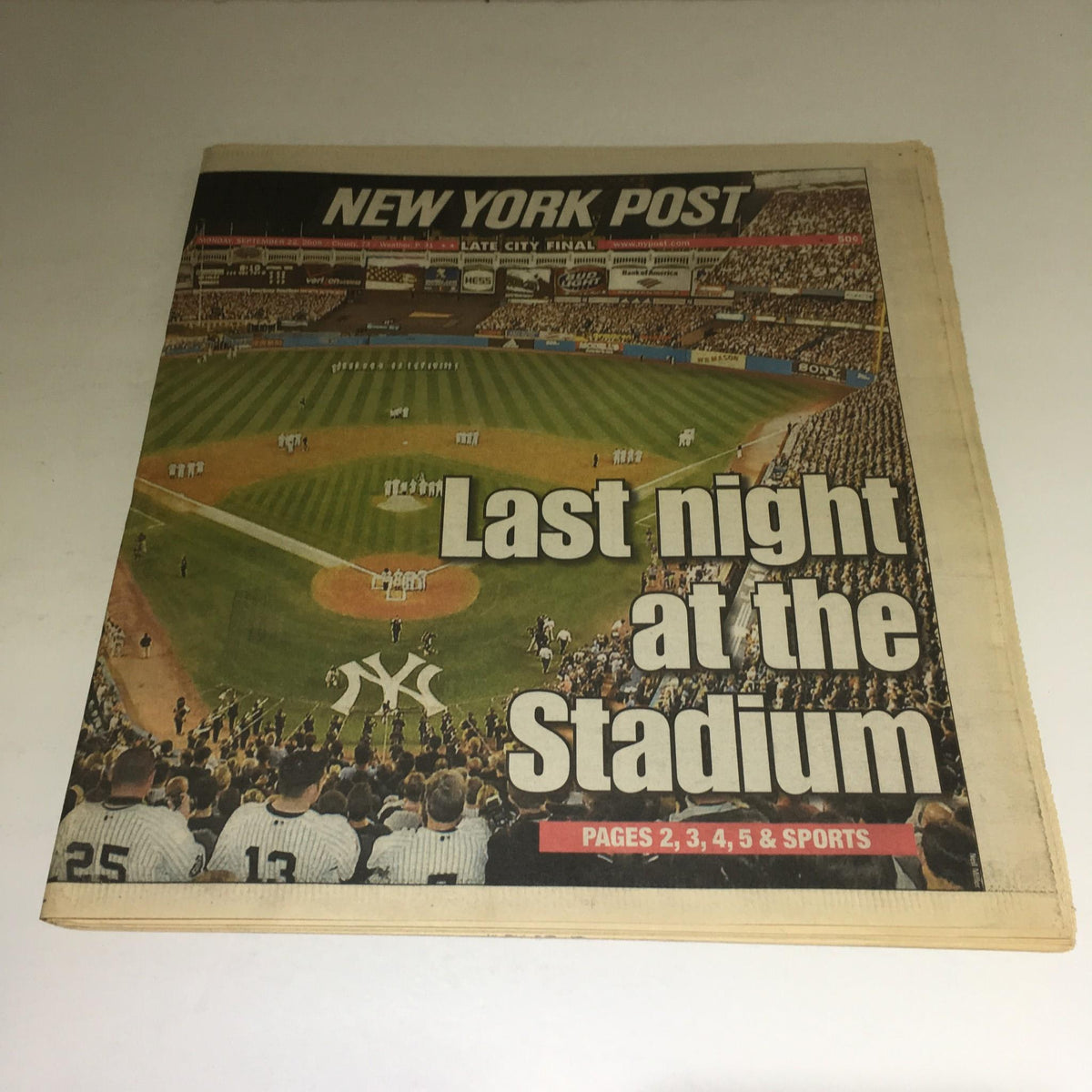 New York Post: Sept 22, 2008 Last Night at the Stadium front cover highlighting the iconic baseball field with spectators, commemorating a historic sports event.