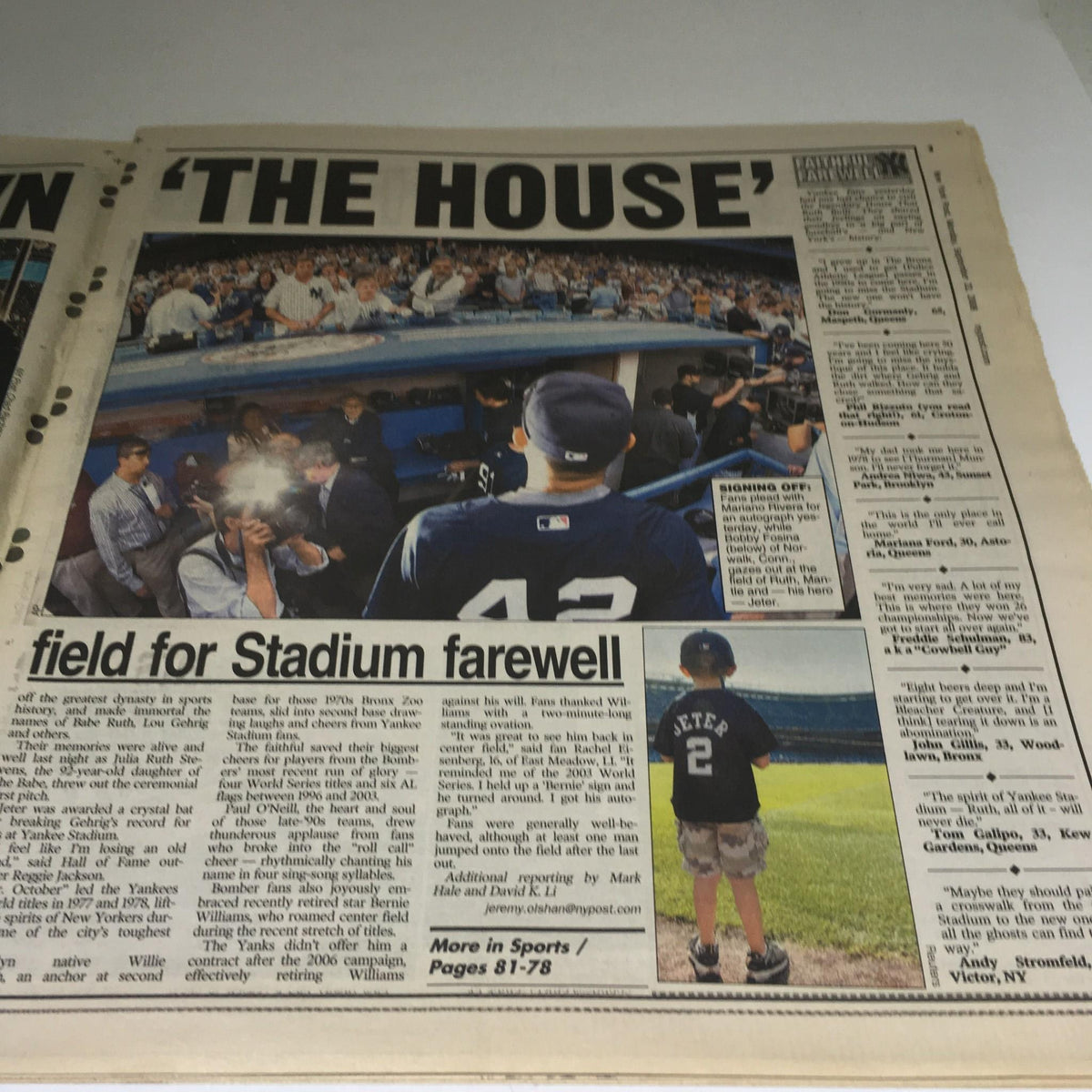 Another inside page of 'New York Post: Sept 22, 2008 Last Night at the Stadium', showcasing stories and reflections on the final moments at the legendary stadium.