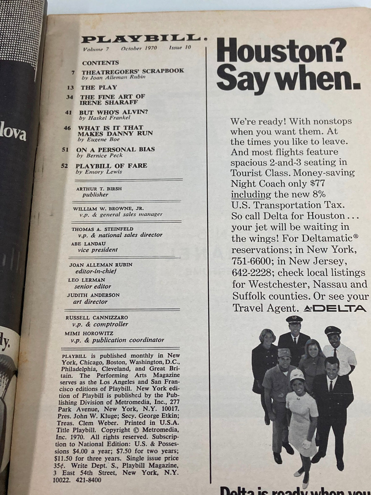 Inside page of the 1970 Playbill for Conduct Unbecoming, including theater-related articles and advertisements, from the Ethel Barrymore Theatre.