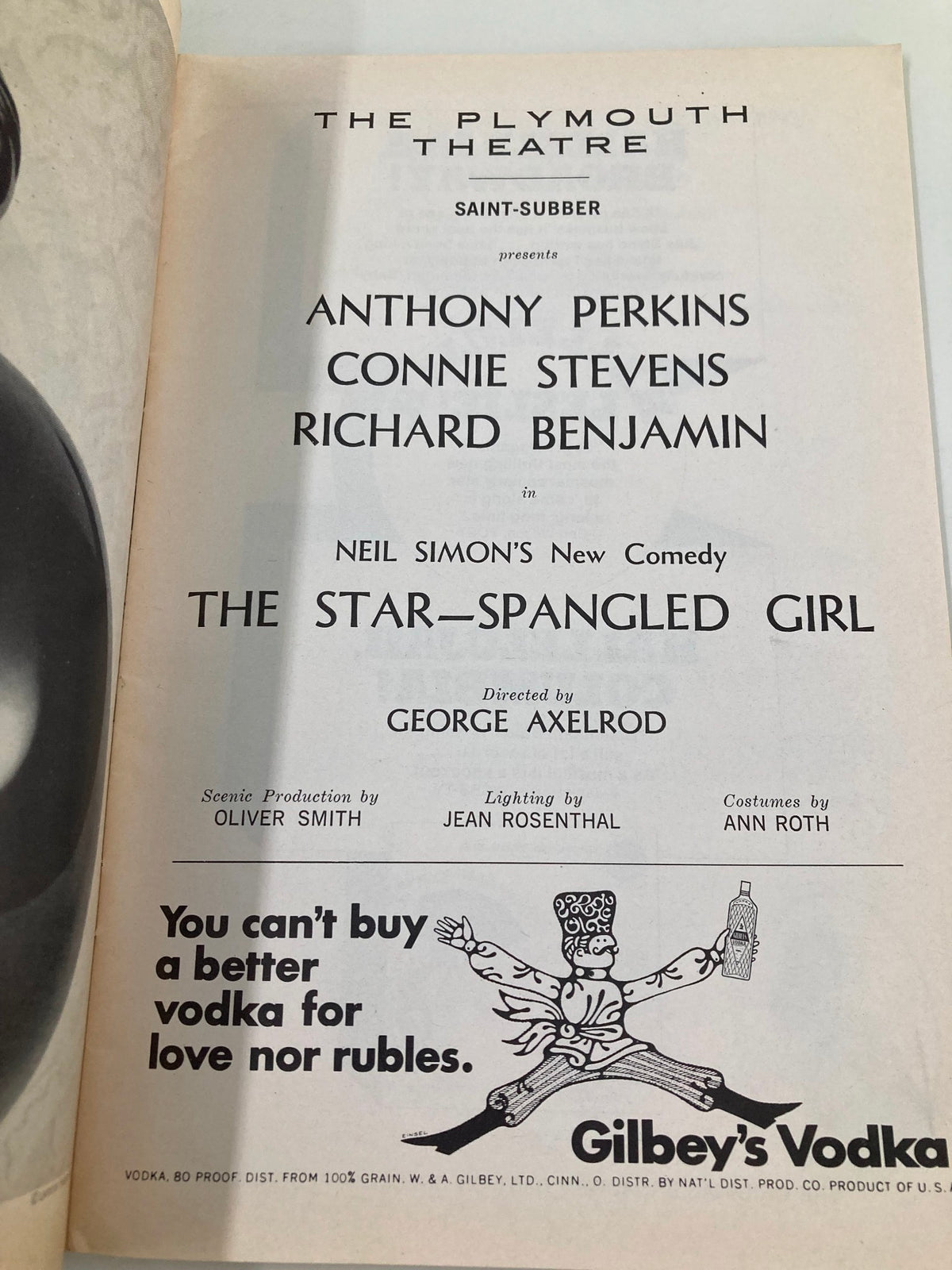 Back page of the 1967 Playbill for The Plymouth Theatre, featuring promotional details for the cast of The Star-Spangled Girl, starring Anthony Perkins.