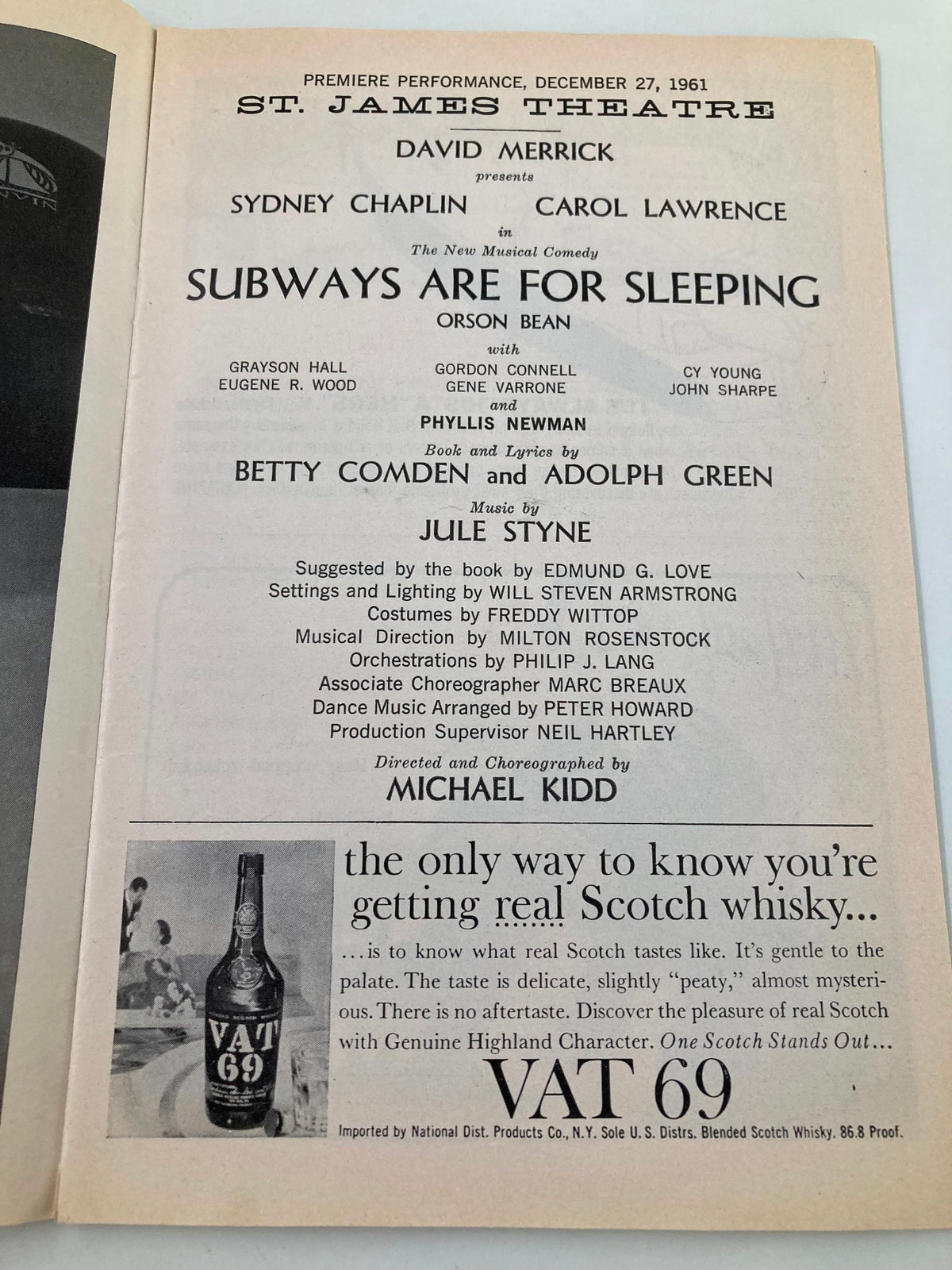 1961 Playbill from St. James Theatre highlighting the musical Subways Are For Sleeping, with details about the creative team and advertisements from the era.