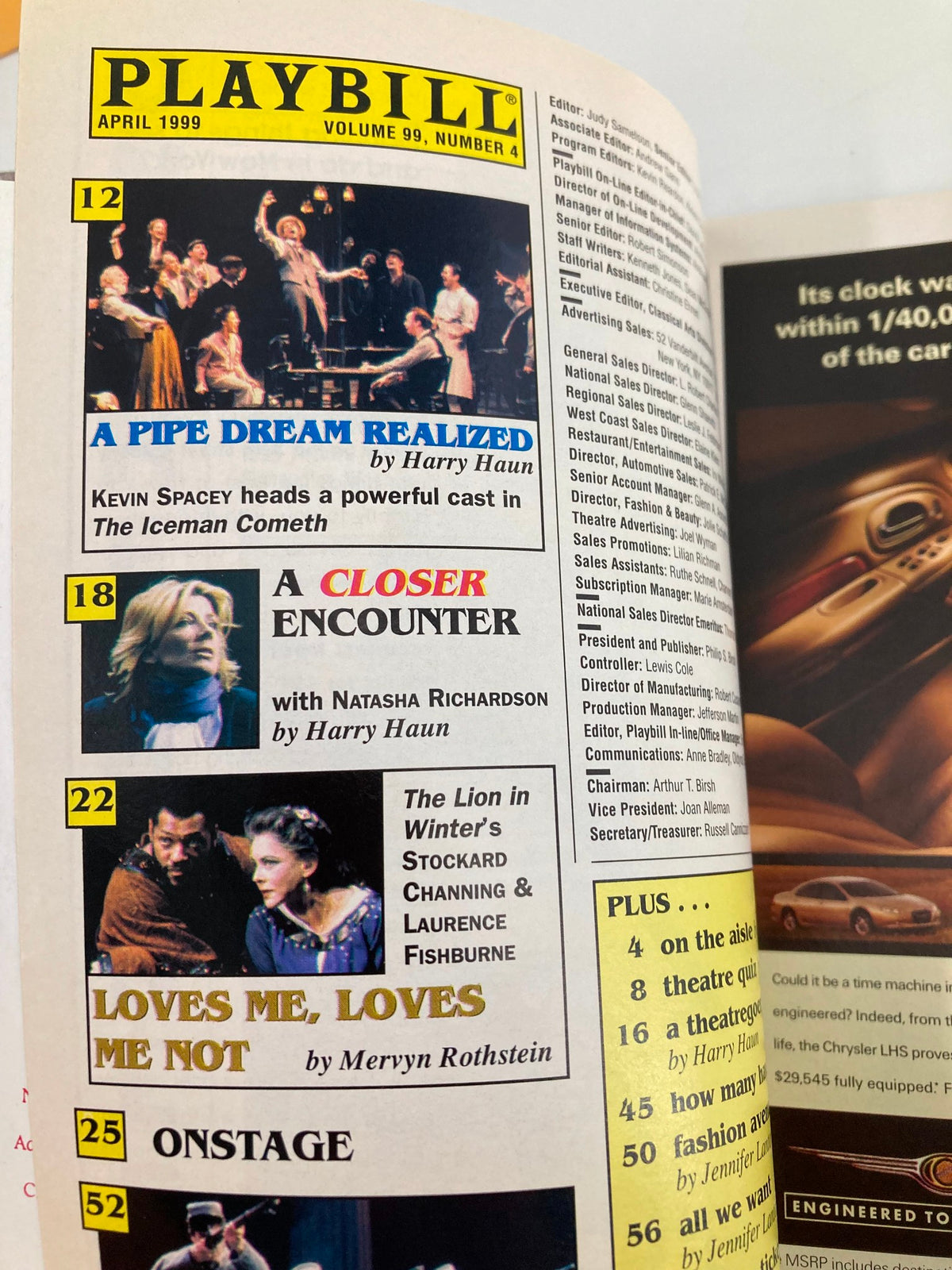 1999 Playbill page including various productions such as 'A Closer Encounter' and 'Loves Me Not', part of the Ethel Barrymore Theatre collection.