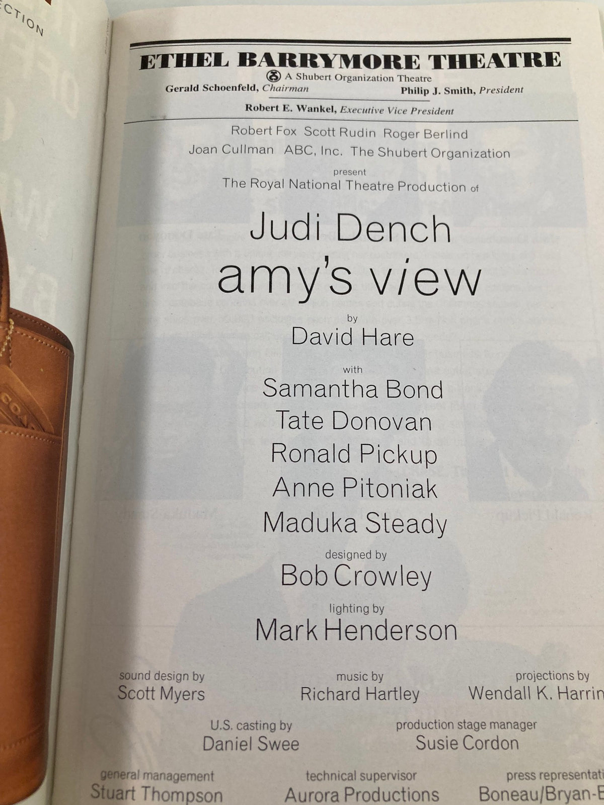 1999 Playbill inner page for 'Amy's View', detailing cast and credits including Judy Dench and Samantha Bond, from the Ethel Barrymore Theatre.