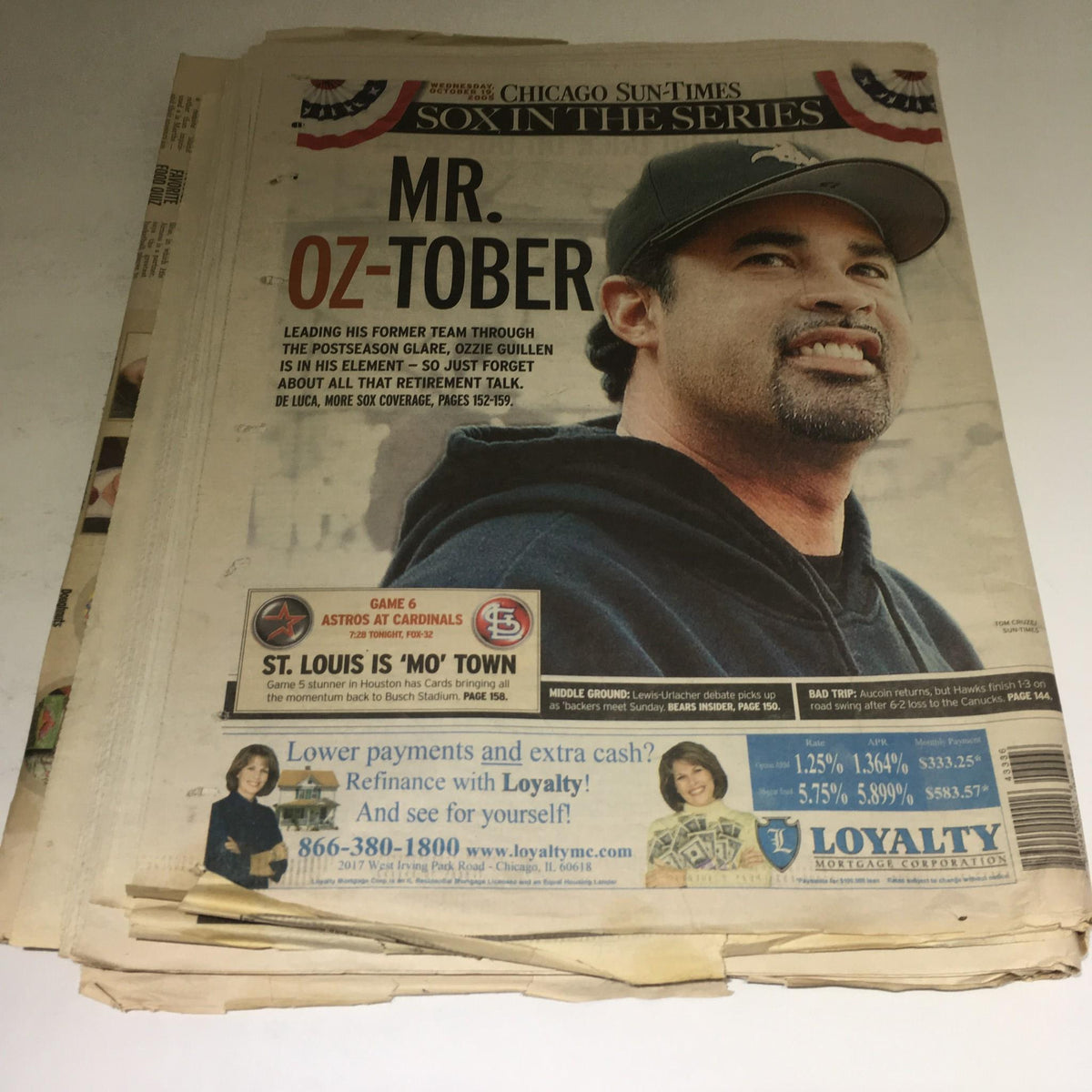 Front page of the Chicago Sun-Times newspaper from Oct 19, 2005, showcasing the cover story 'MR. OZ-TOBER' in relation to the edition covering 'Miers Backed Abortion Ban'.