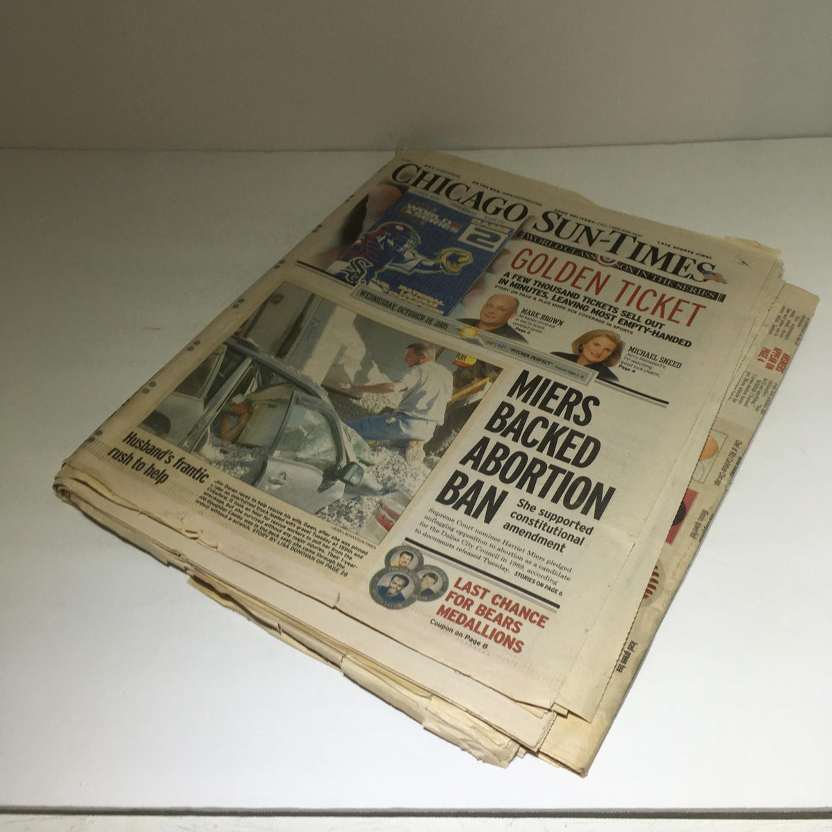 Main front page of the Chicago Sun-Times from Oct 19, 2005, prominently featuring the headline 'Miers Backed Abortion Ban' alongside other articles.