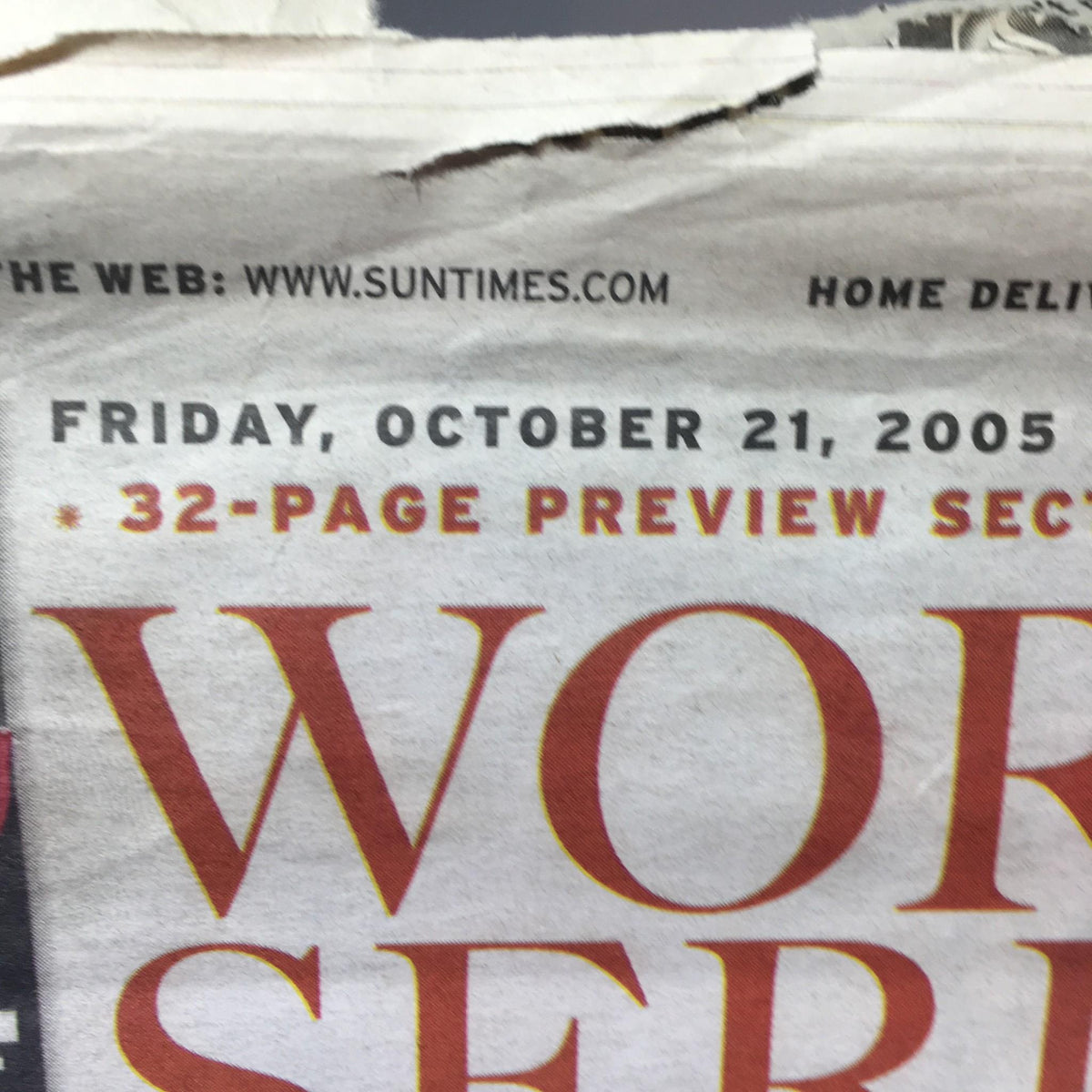 Header section of the Chicago Sun-Times newspaper dated October 21, 2005, showcasing the date and noting the World Series coverage.