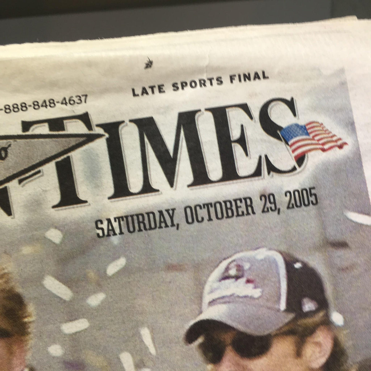 Close-up of the Chicago Sun-Times newspaper date from October 29, 2005, with the headline 'SOXAPALOOZA!' prominently displayed.
