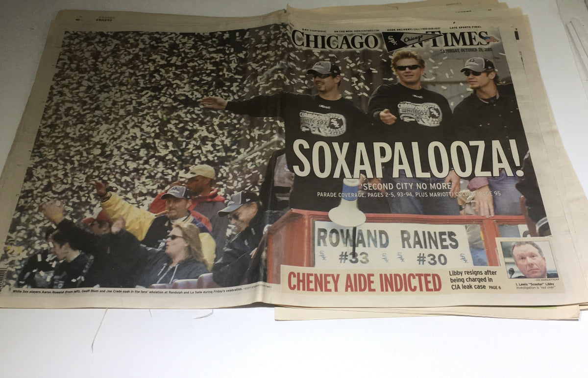 Chicago Sun-Times newspaper from October 29, 2005, showcasing the headline 'SOXAPALOOZA! Second City No More,' with fans celebrating the Chicago White Sox victory.