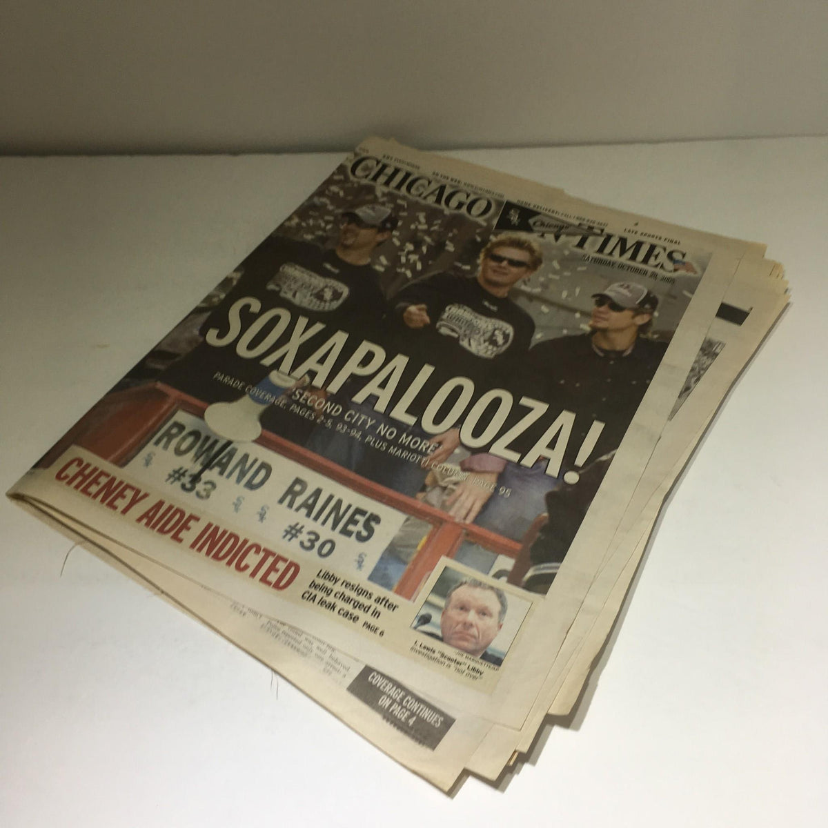 Chicago Sun-Times newspaper from October 29, 2005, with the headline 'SOXAPALOOZA! Second City No More,' depicting fans in celebration of the Chicago White Sox.