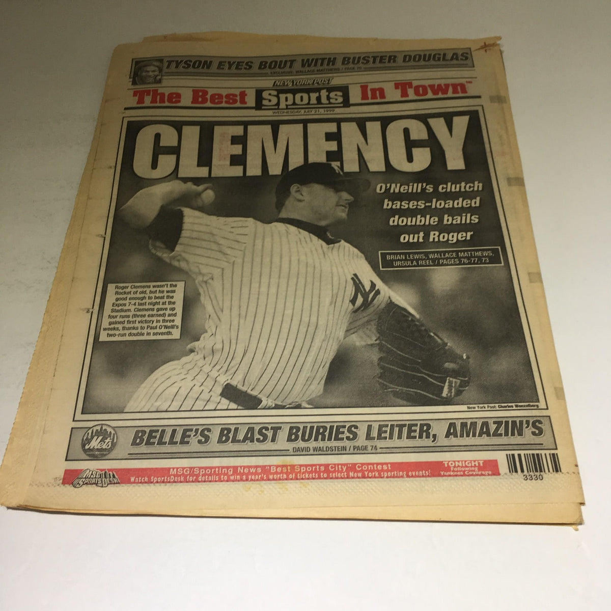 New York Post front page with the headline 'Clemency' on July 21, 1999, featuring a baseball player in action.