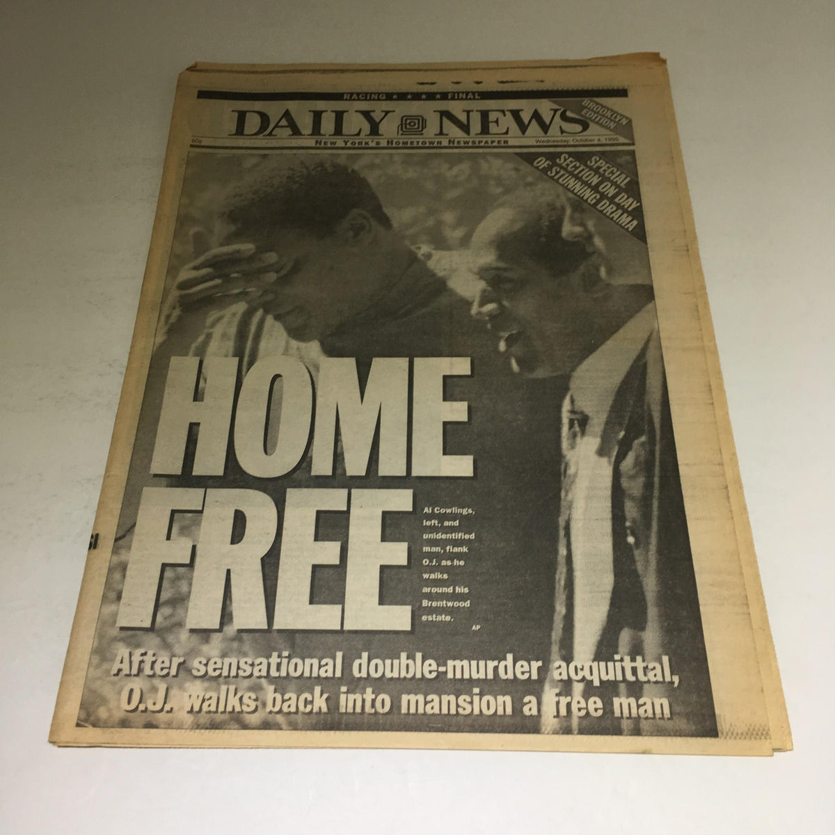 New York Daily News front page from October 4, 1995 featuring the headline 'HOME FREE' with imagery depicting O.J. Simpson after his acquittal.