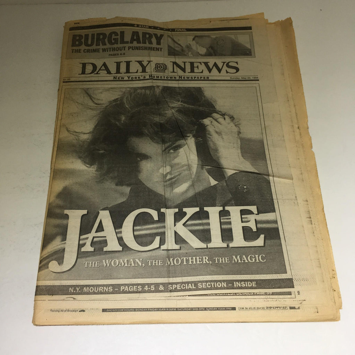 New York Daily News cover from May 22, 1994, featuring Jackie, The Woman, The Mother, The Magic, highlighting her iconic image and legacy.