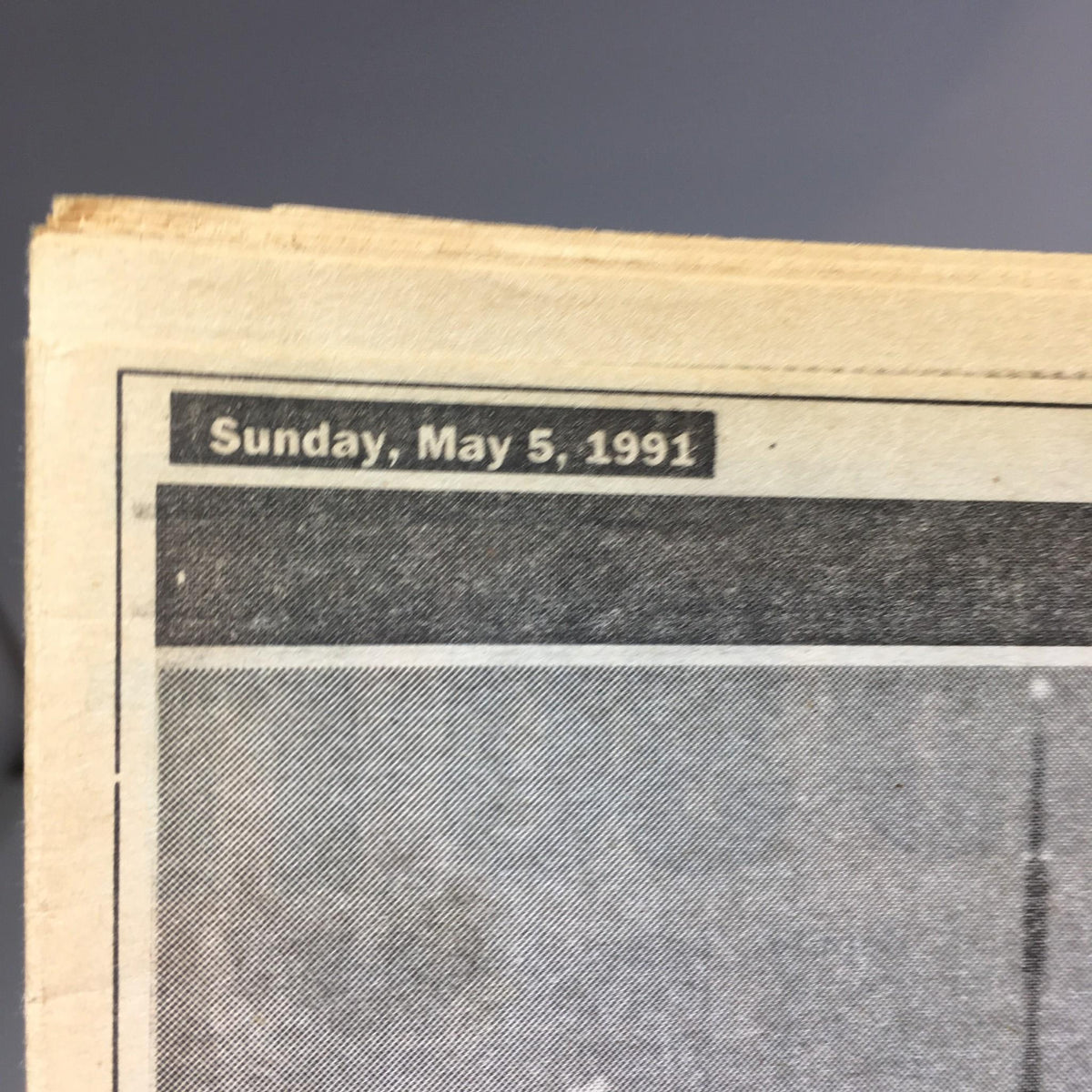 Top portion of the May 5, 1991 New York Daily News magazine, clearly displaying the date 'Sunday, May 5, 1991'.