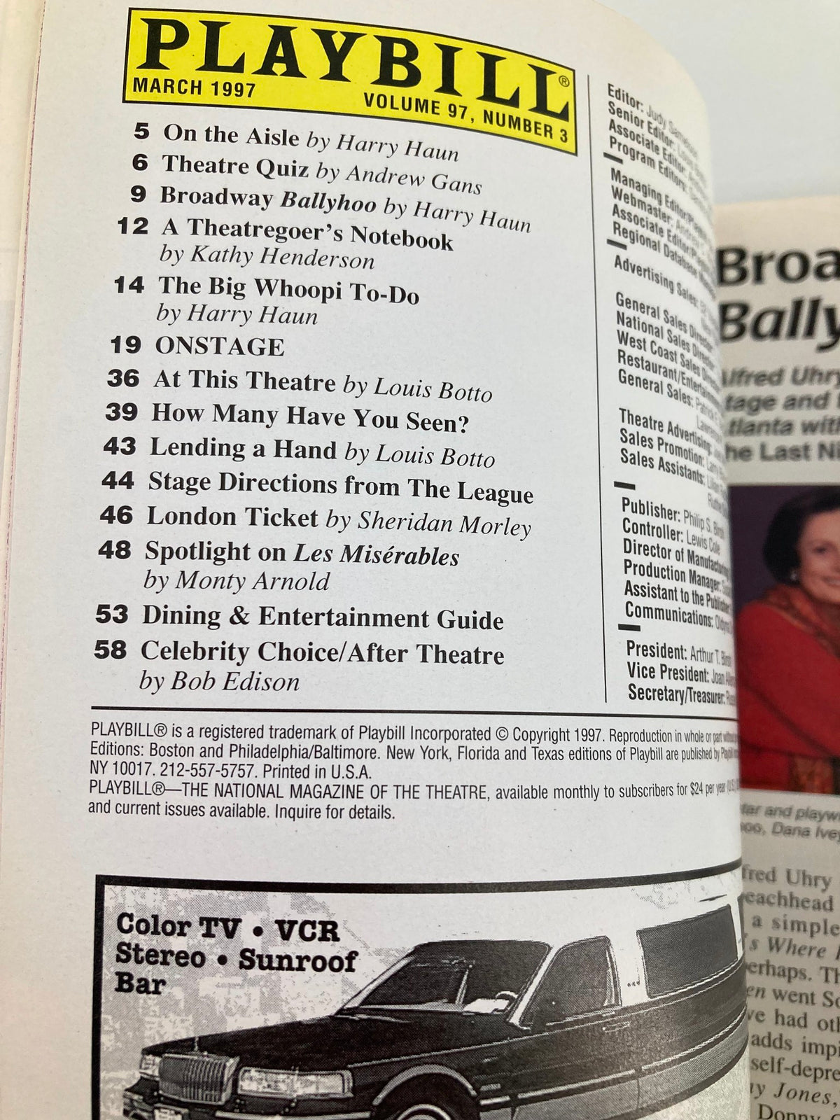 Interior page of the 1997 Playbill for Chicago showcasing contents of March 1997 volume 97, number 3.