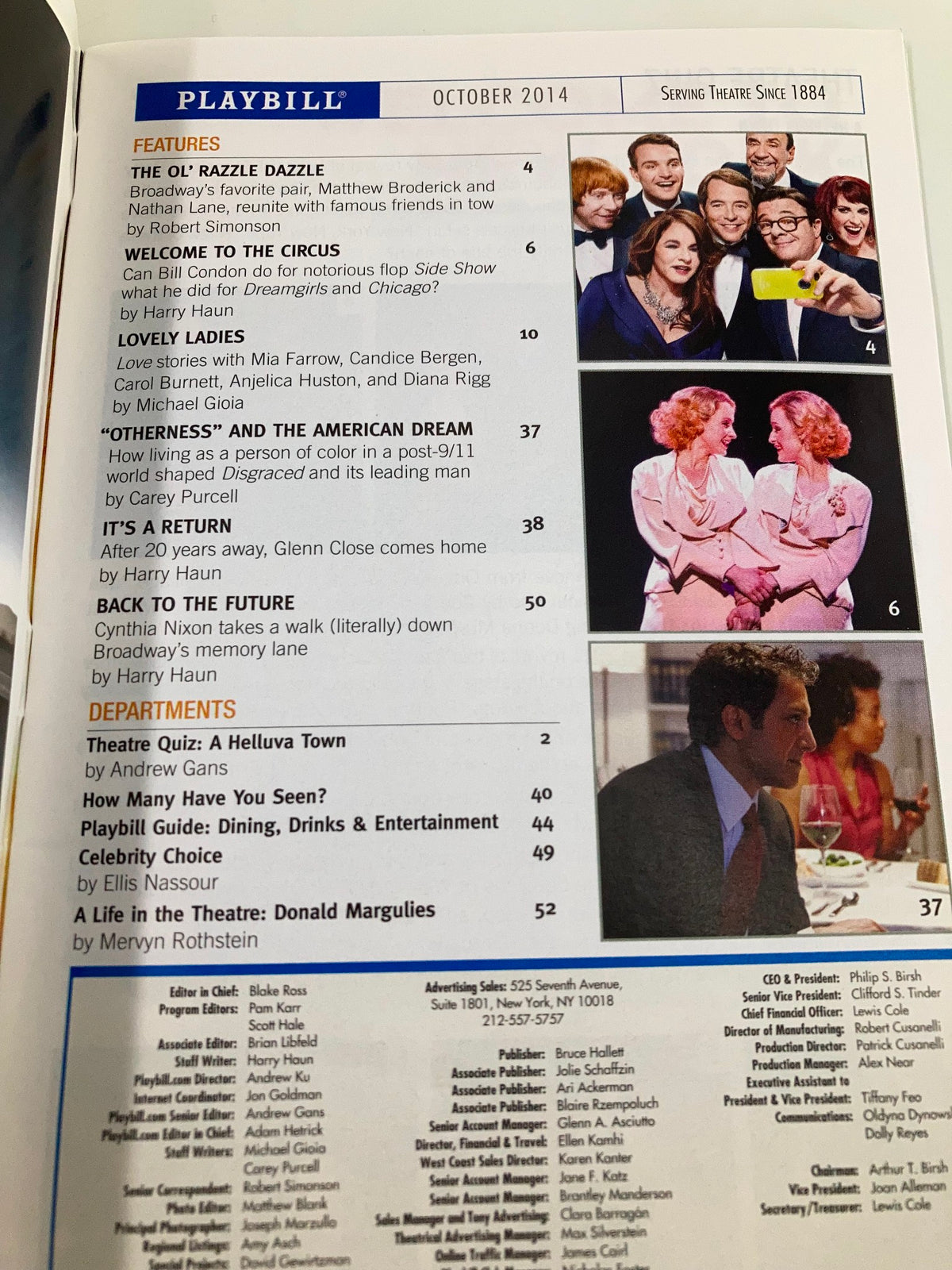 Inside page of the 2014 Playbill from Brook Atkinson Theatre for Love Letters featuring featured cast listings and articles about the production.
