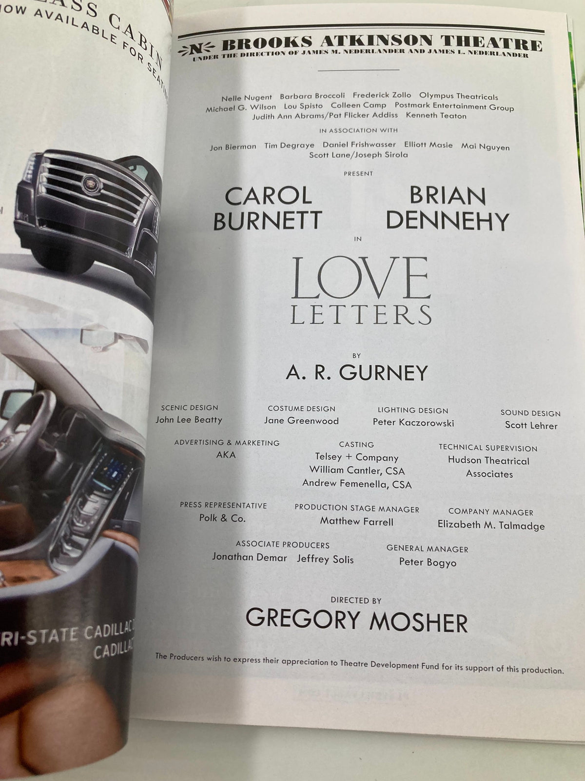 Inside advertisement page of the 2014 Playbill from Brook Atkinson Theatre for Love Letters showcasing cast members Carol Burnett and Brian Dennehy along with production details.