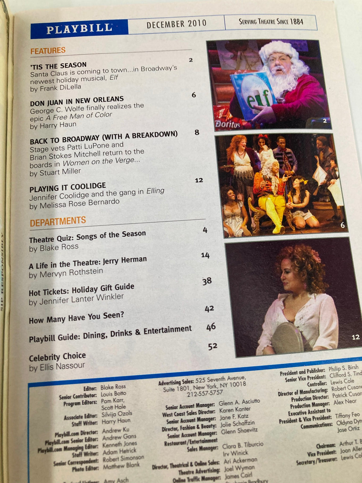 Inside page of the 2010 Playbill for The Addams Family showcasing advertisements and features like 'Elf' and 'Playing It Cool'.